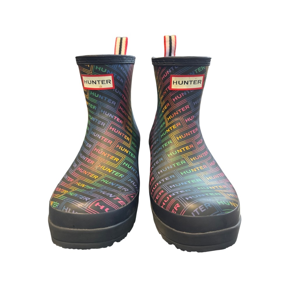 Hunter Original Play Short Rainbow Logo Rain Boots Black Multi Womens 8